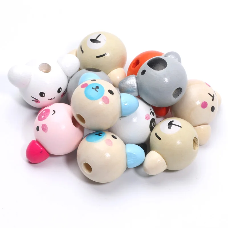 10pcs Random Mixed Animal Head Pattern Wooden Beads Colored Round Ball Wood Beads For Jewelry Making DIY Handicrafts Accessories