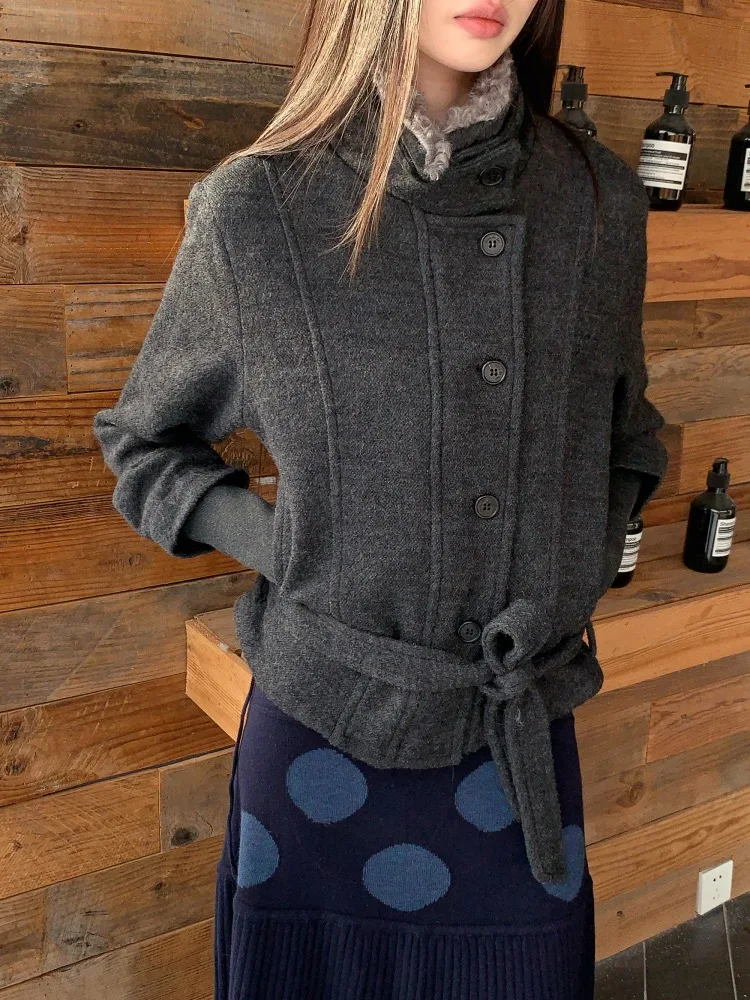 

MOXI Women's Slim Fit Woolen Coat with Belt And Fur Collar ort Sle Stand Collar Winter Outerwear Faion Ladies' Jaet