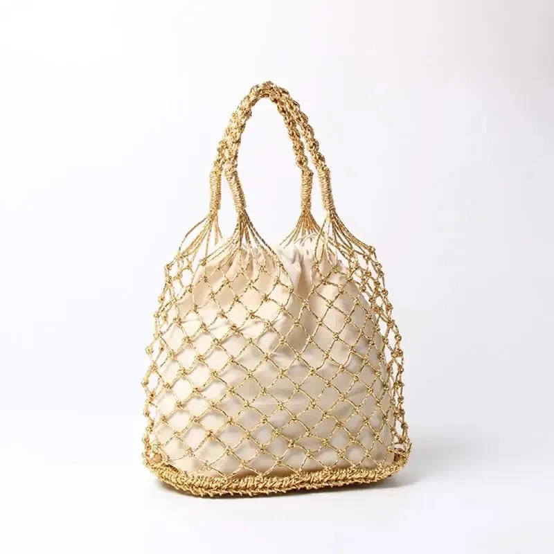 Gold Silver 2 Color Bright Paper Ropes Hollow Woven Handbag Cotton Lining Straw Bag Female Reticulate Handbag Netted Beach