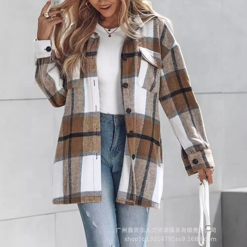 Double Pocket Plaid Wool Coat Plaid Pattern Drop Shoulder Long Sleeve Blouse Coats Women Collar Button Front Shacket