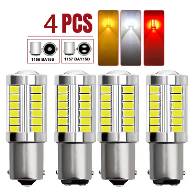1-4Pcs P21W Ba15s 1156 Bay15d 1157 LED Bulb Turn Signal Lights DRL Fog Tail Brake Reverse Parking Lamps 12V 33SMD 7000K