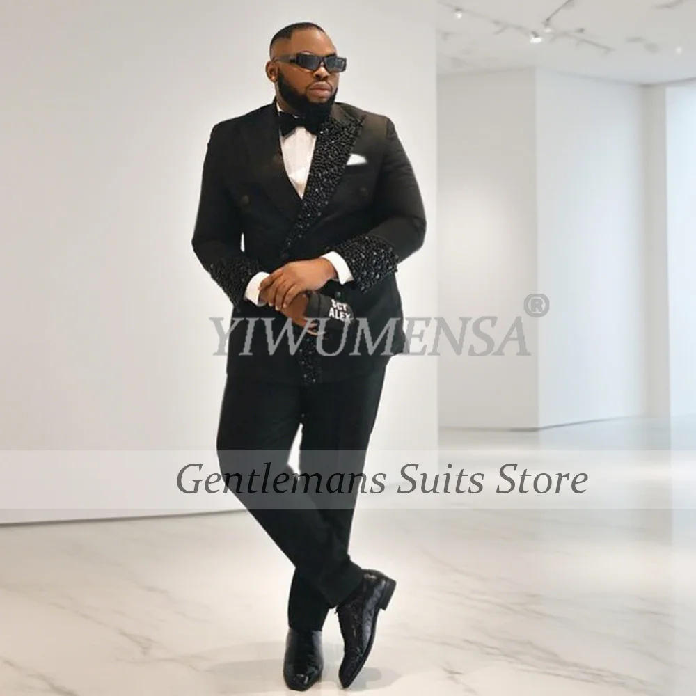

Crystals Beaded Suits Men For Wedding 2 Pieces Sets Customized Costume Homme Double Breasted Groom Tuxedos Male Fashion Clothing
