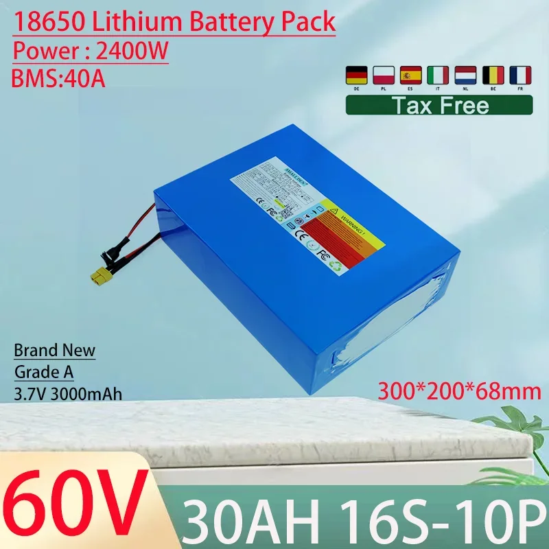 60V 30Ah 18650 16S10P Lithium Ion Battery Pack 2400W Power Tool Batteries Outdoor Backup Batteries With 40A BMS+67.2V 5A charger