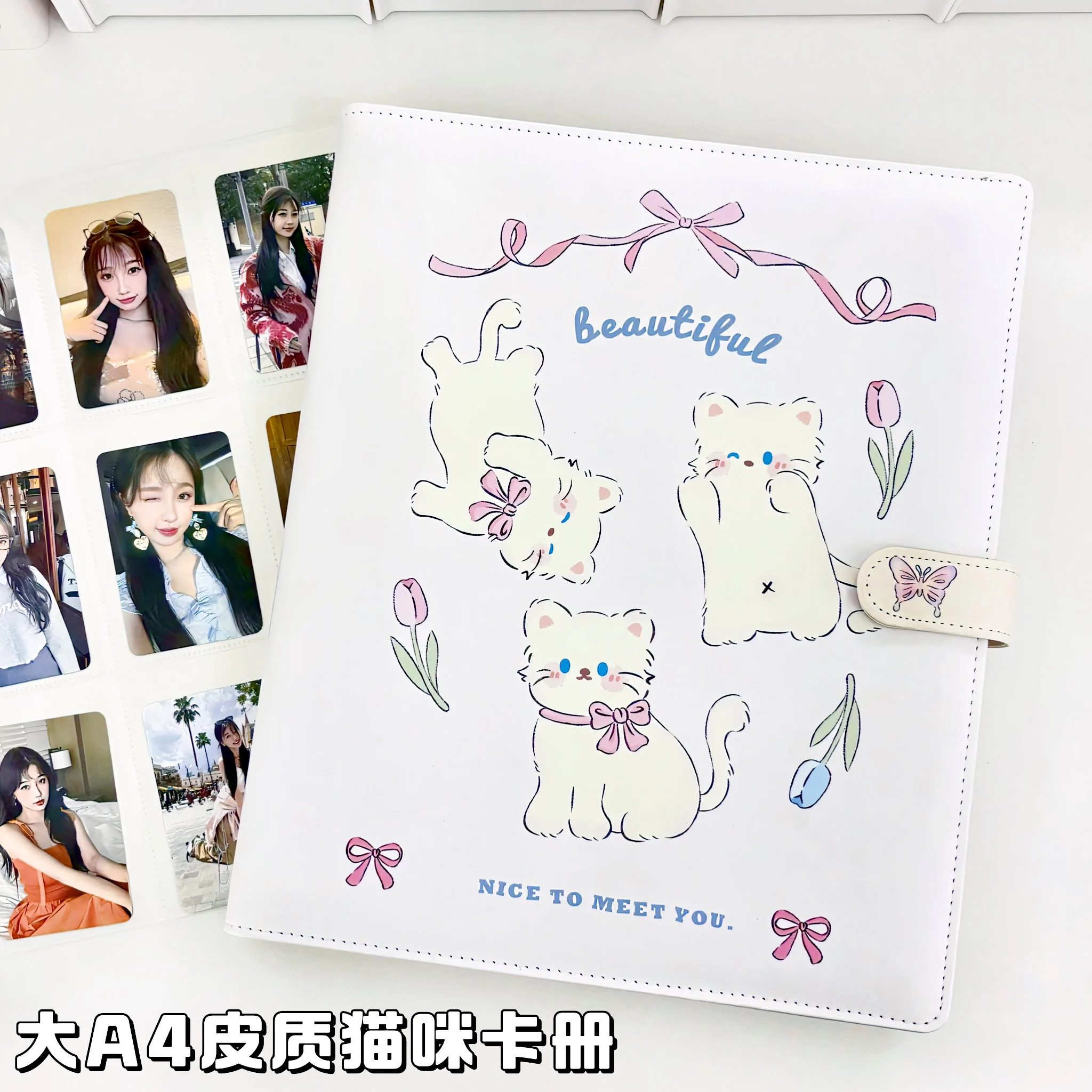 Cute Cat A4 PU Leather D‑Ring Binder Album, 9‑Grid Loose‑Leaf Card Holder for 3 Inch Polaroid Postcard Kpop Collectibles Scrapbo