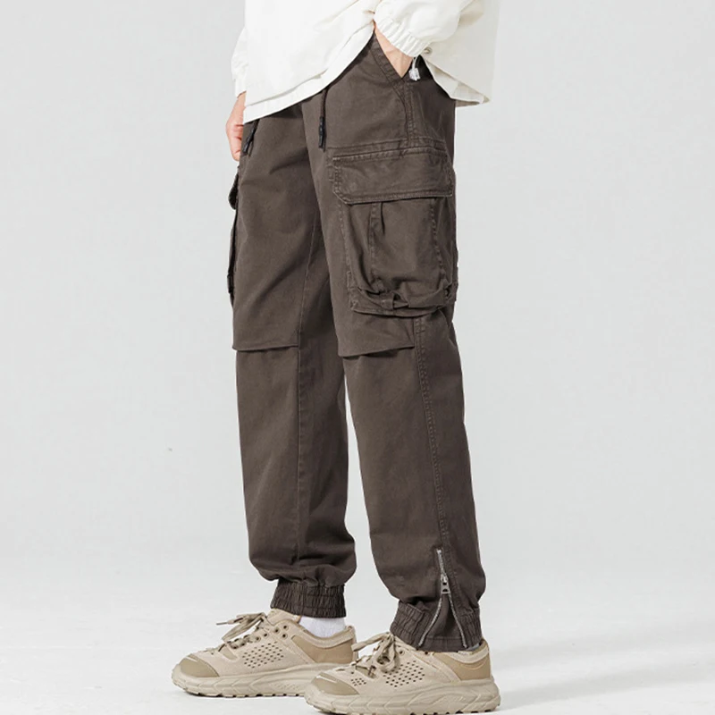Autumn Winter Hip Hop Men Solid Color Cargo Trousers Multi Pocket Drawstring Hem Zipper Design Streetwear Casual Jogger Pants