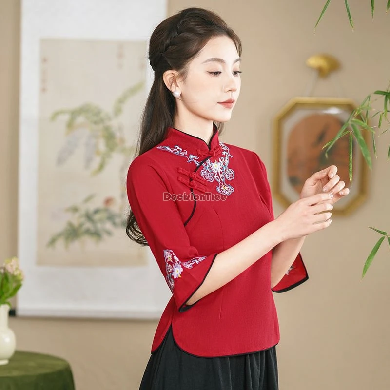 

Лето 2021, новая женская блузка Cheongsam в китайском традиционном стиле в стиле ретро с воротником-стойкой и половиной рукава, элегантный костюм Тан, чайная блузка