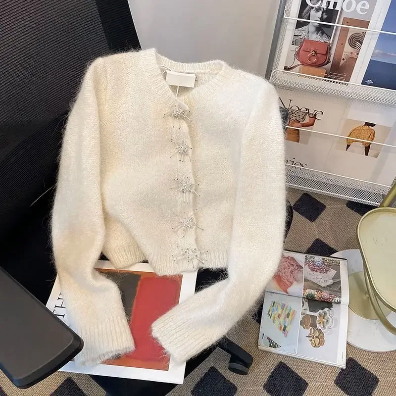 Korejpaa Elegant Cardigans Women Vintage Clothes 2024 Autumn Round Neck Chic Buttons White Knitted Cardigan Sweater Coat