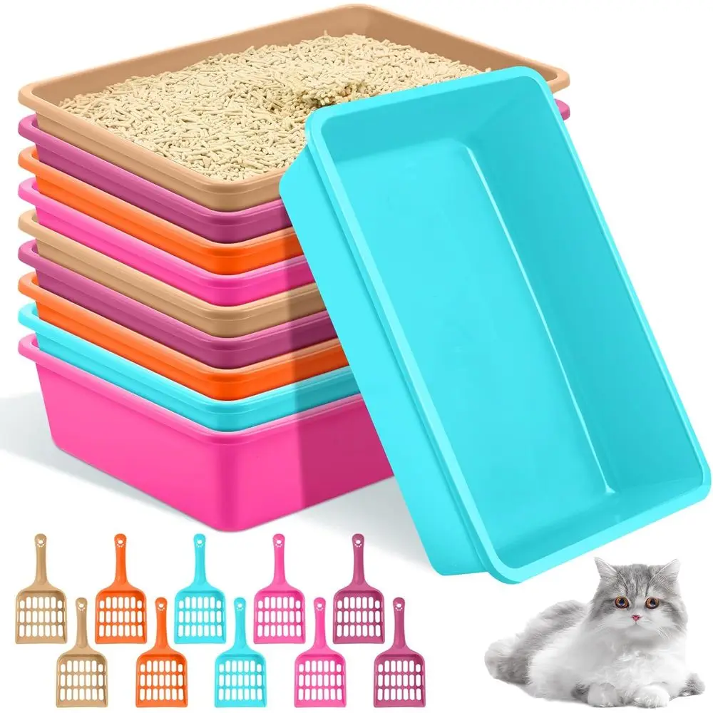 

10 Pcs Open Cat Litter Box Kitten Litter Pan with 10 Scooper Medium Plastic Pet Tray Durable Nonstick Kitten Box or Indoor Pets