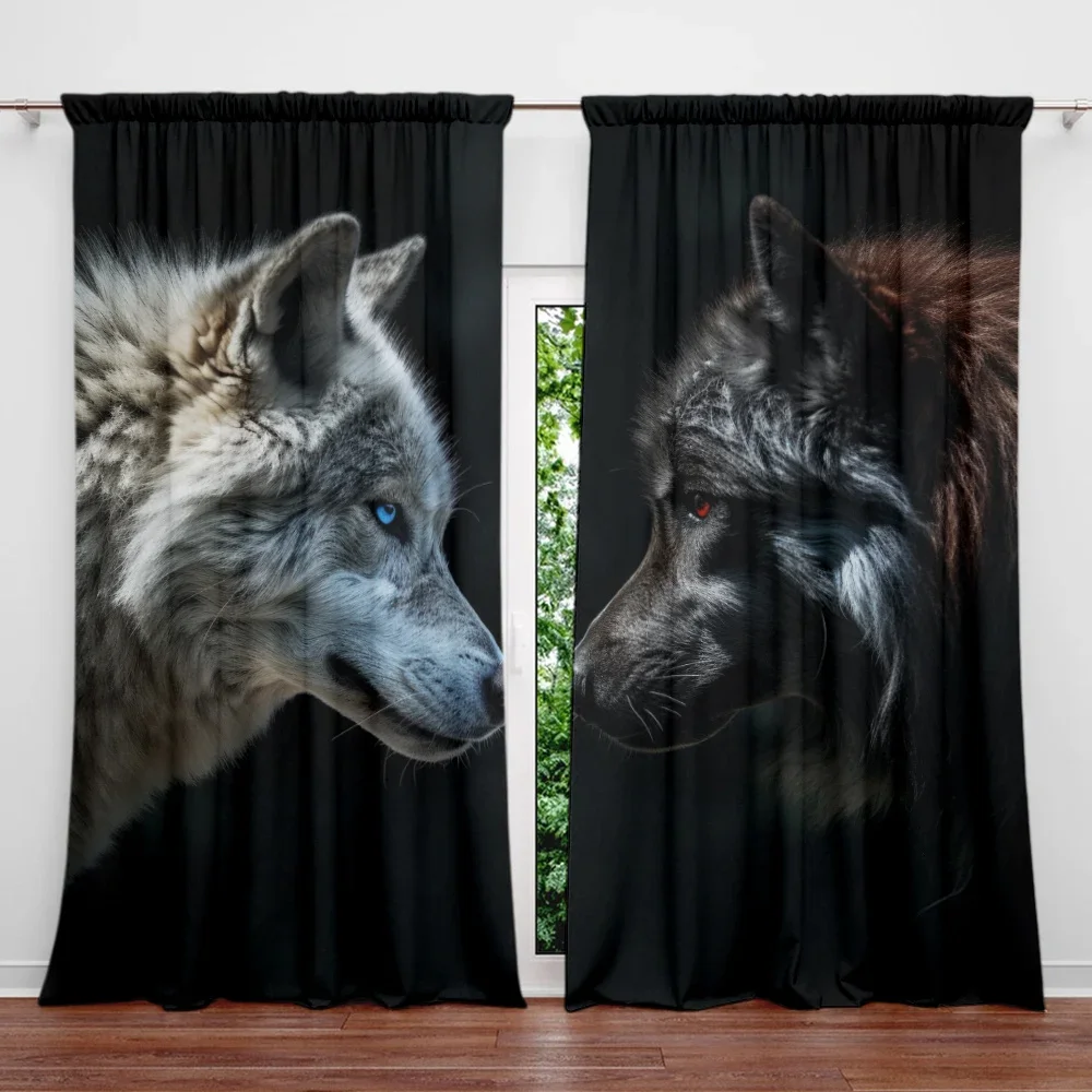 2pcs White Wolf Black Wolf Style Printed Curtain for Home Decor - Rod Pocket Window Treatment for Bedroom,Office and Kitchen