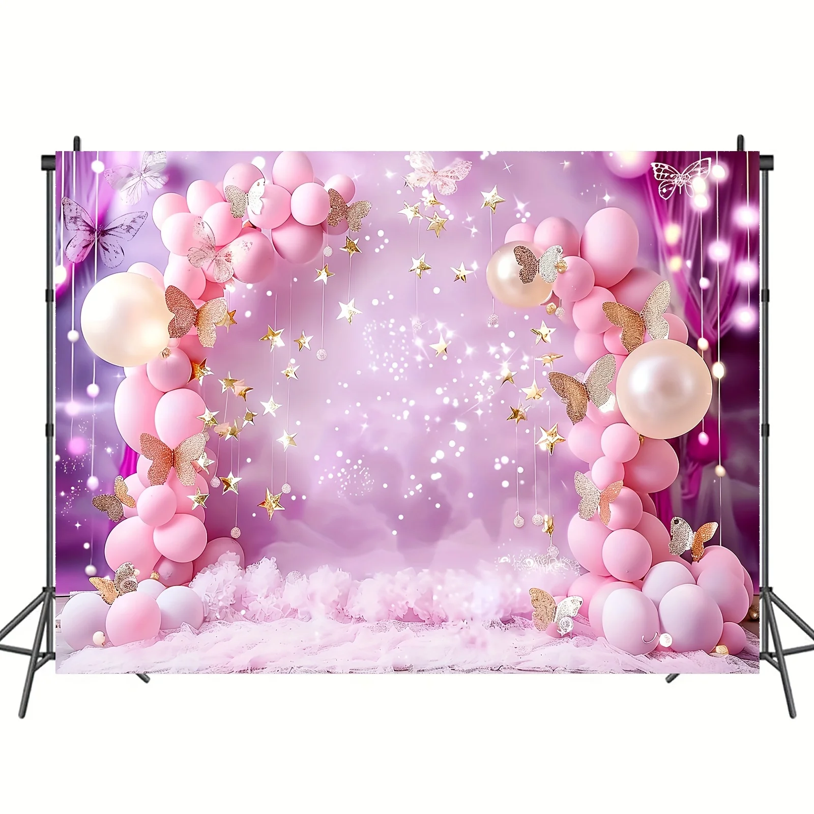 Butterfly Balloon First Birthday Background for Photoshoot Pink Flower Glitter Happy Birthday Party Decoration Wedding Birthday