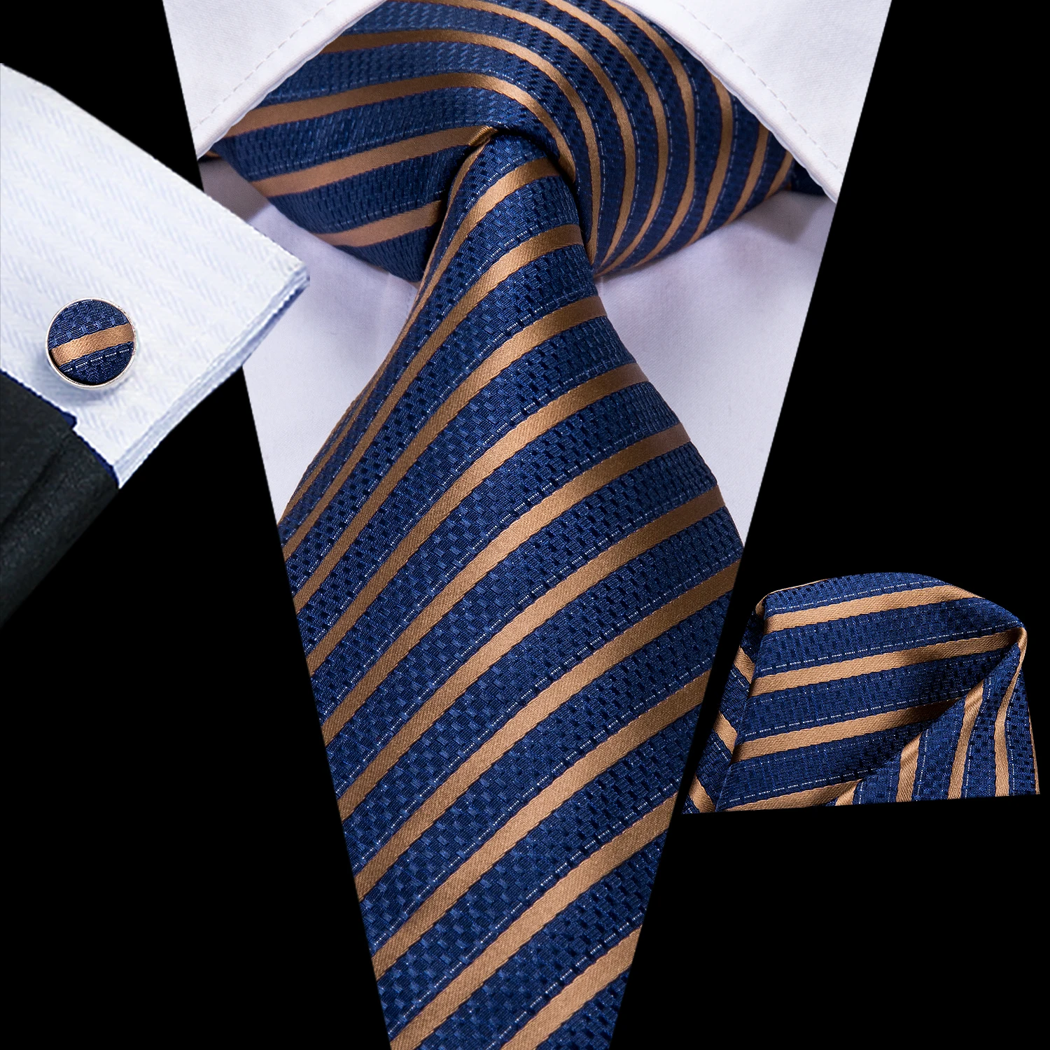 Hi-Tie Designer Mens Necktie Navy Blue Striped Dot Silk Wedding Tie For Men Hanky Cufflinks Tie Set Business Party Dropshipping