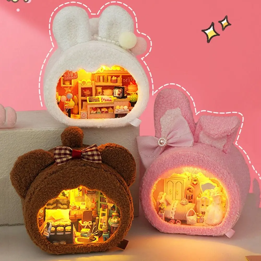 Handmade DIY Mini Wooden Dollhouse Warm Glow LED Lamp Small House Making Kit Plush Craftsmanship Cute Miniature Building Toys