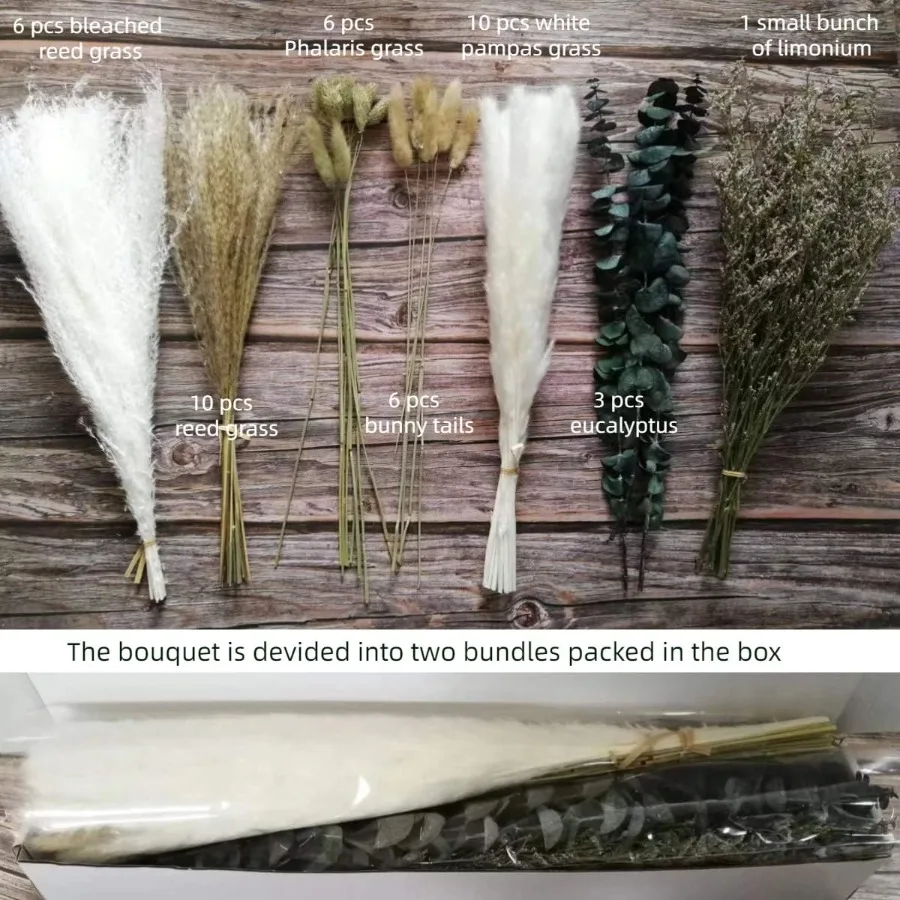 ช่อดอกไม้แห้งธรรมชาติ 17 ดอก พร้อมหญ้าแพมพัสสีเขียว สำหรับตกแต่งแจกันในบ้าน สไตล์โบโฮ ฟาร์มเฮาส์ ตกแต่งบ้าน จัดดอกไม้ ติดทนนาน