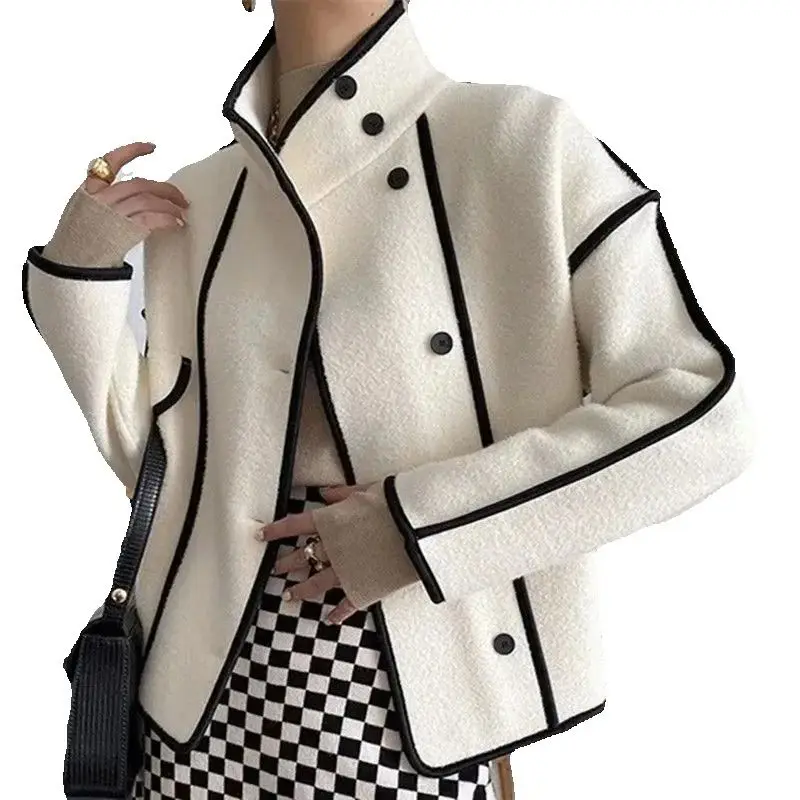 2026 New Double-sided Woolen Autumn Winter Outfit Temperament Jacket Coat Loose Black White Contrasting Short Stand Collar Top