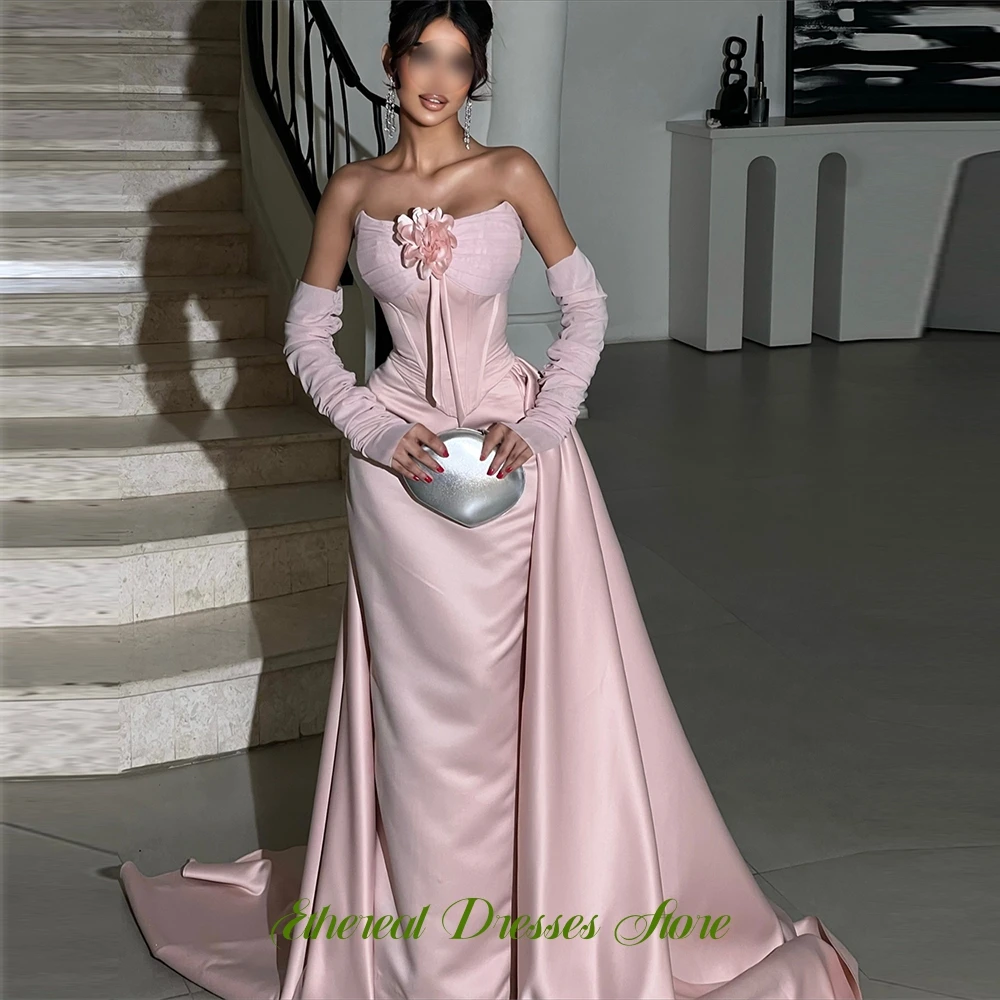 Vestido de noche sin tirantes de lujo, exquisito tren capilla, vestidos de fiesta de satén, flores delicadas, vestidos personalizados para ocasiones especiales