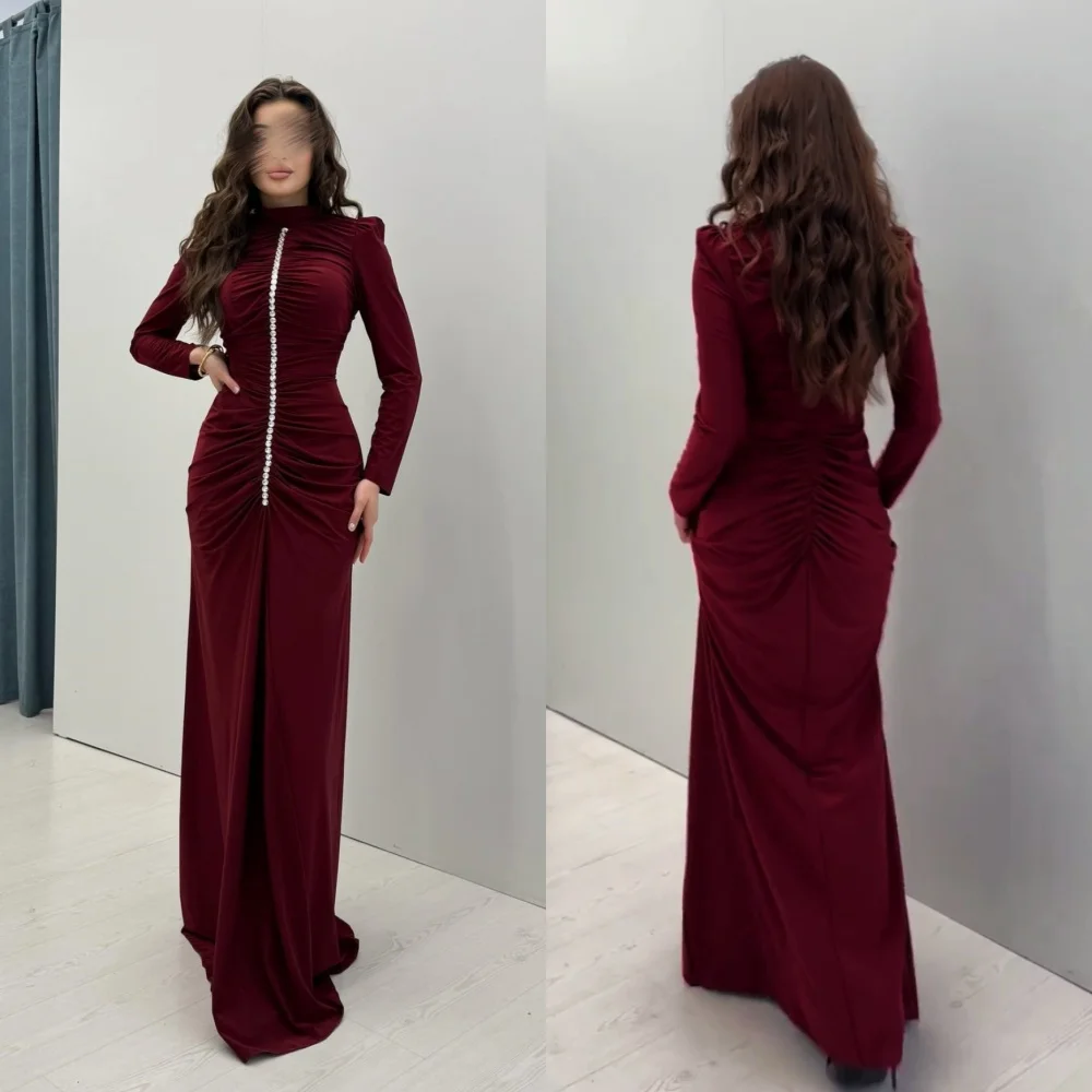 

Customized Jersey Pleat Rhinestone High Collar Trumpet Long Dresses Bespoke Occasion Classic Elegant Evening Gown Formal