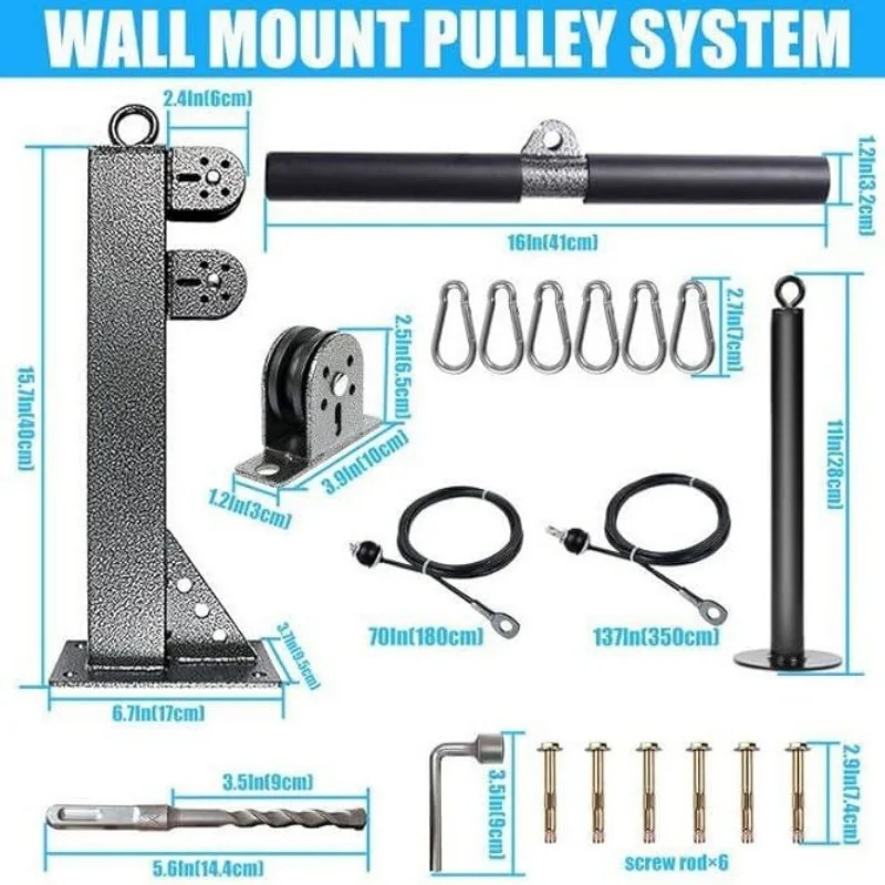 Wall Mounted Fitness Pulley System Adjustable Cable Machine for LAT Pull Down & Back Strength Training Home Gym
