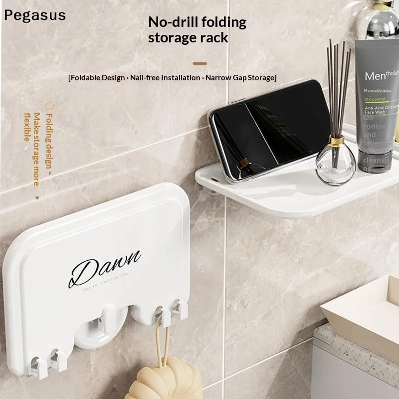 [S]New Foldable No Drill Wall Storage Shelf With Hooks For Bathroom Kitchen Holding Toiletries Phone Small Items
