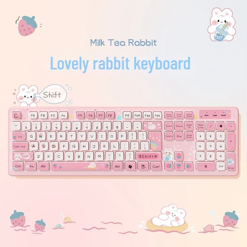 

Kawaii Rabbit Wired Keyboards Pink Wireless Keyboard Gaming Accessories Cartoon Mute Keyboard Notebook Desktop Computer for Girl