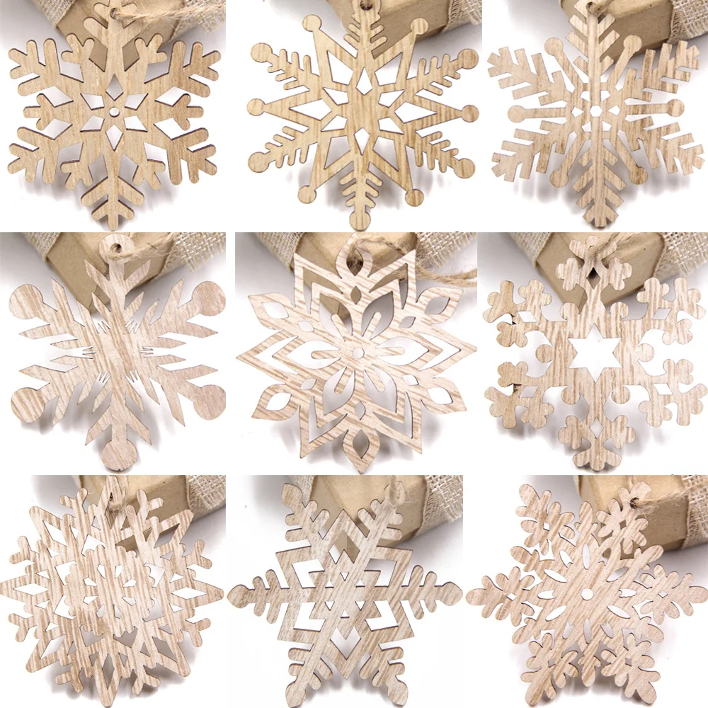 12PCS/Box Wooden Snowflake Crafts Vintage Pendants Xmas Hanging Ornaments for Noel Tree Decorations Kids DIY Painting Gifts