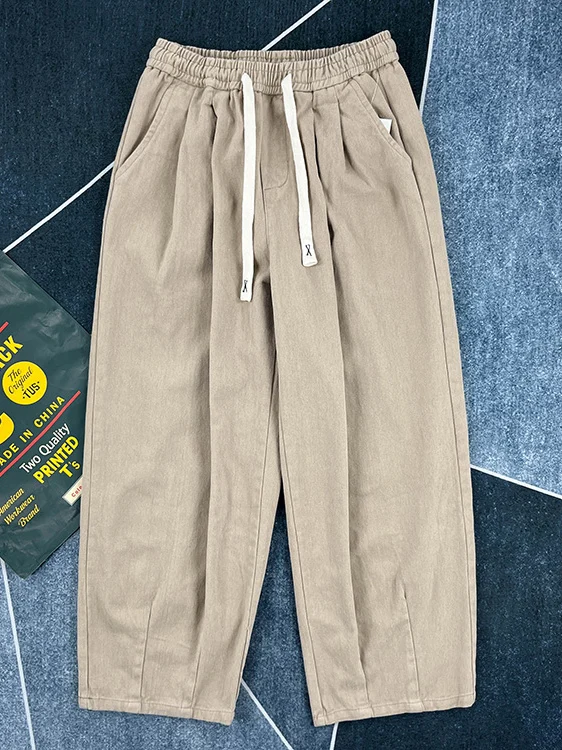 

Japanese Sle Loose Straight Leg Cotton Work Trousers Thiened Casual Pants Men's Elastic Waist Retro Trendy Autumn Breathable