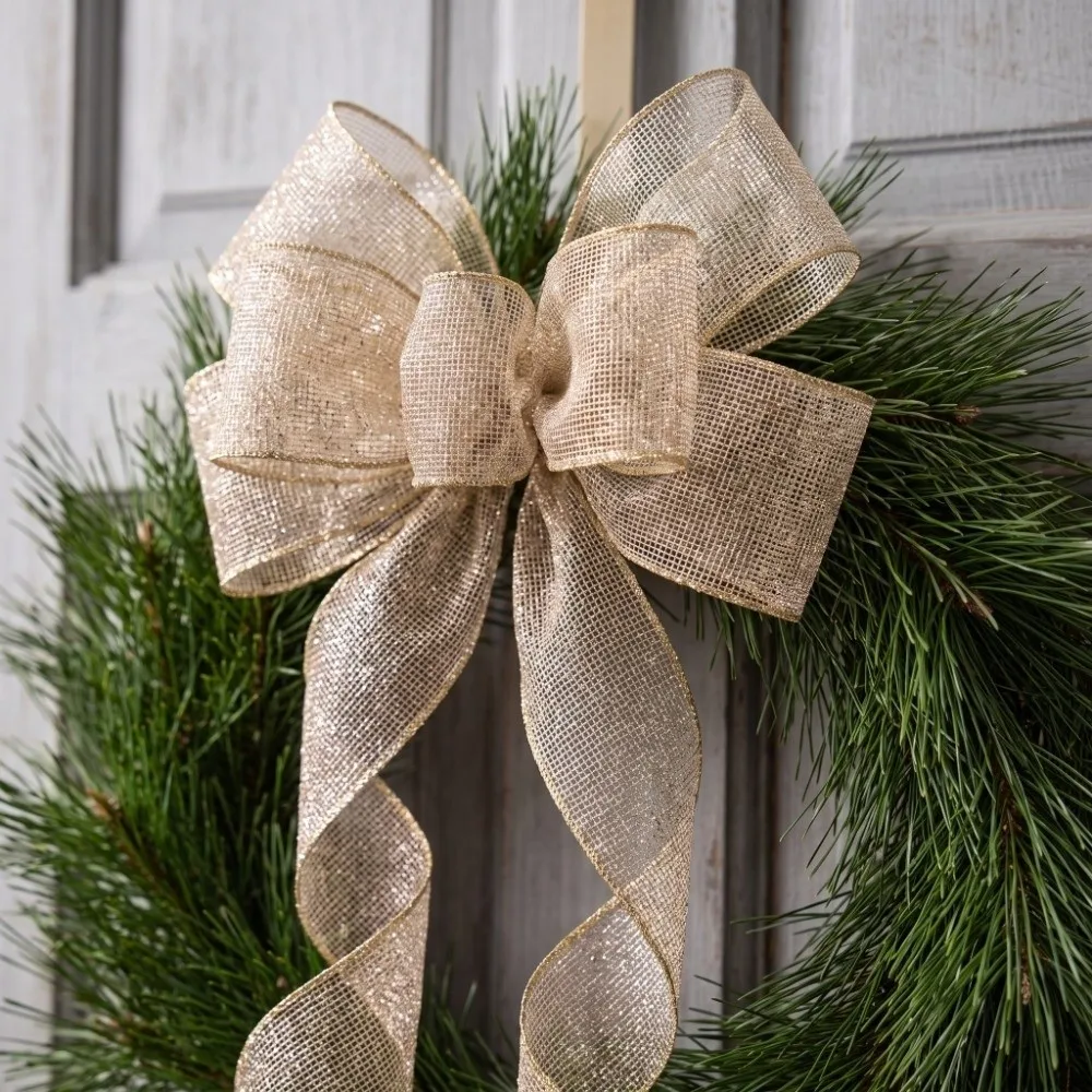 2.5in Wide Christmas Tree Mesh Ribbon 1Roll 179.13in Fish Tail Burlap Metallic Mesh Ribbon Bowknot Material Wavy Binding