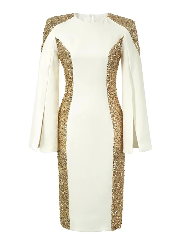 Mode glänzend Gold Pailletten formelle Gelegenheit Kleid Frauen Damen elegante Luxus Chic O-Ausschnitt schlanke Midi Kleid Robe Mujer Vestido Fiesta