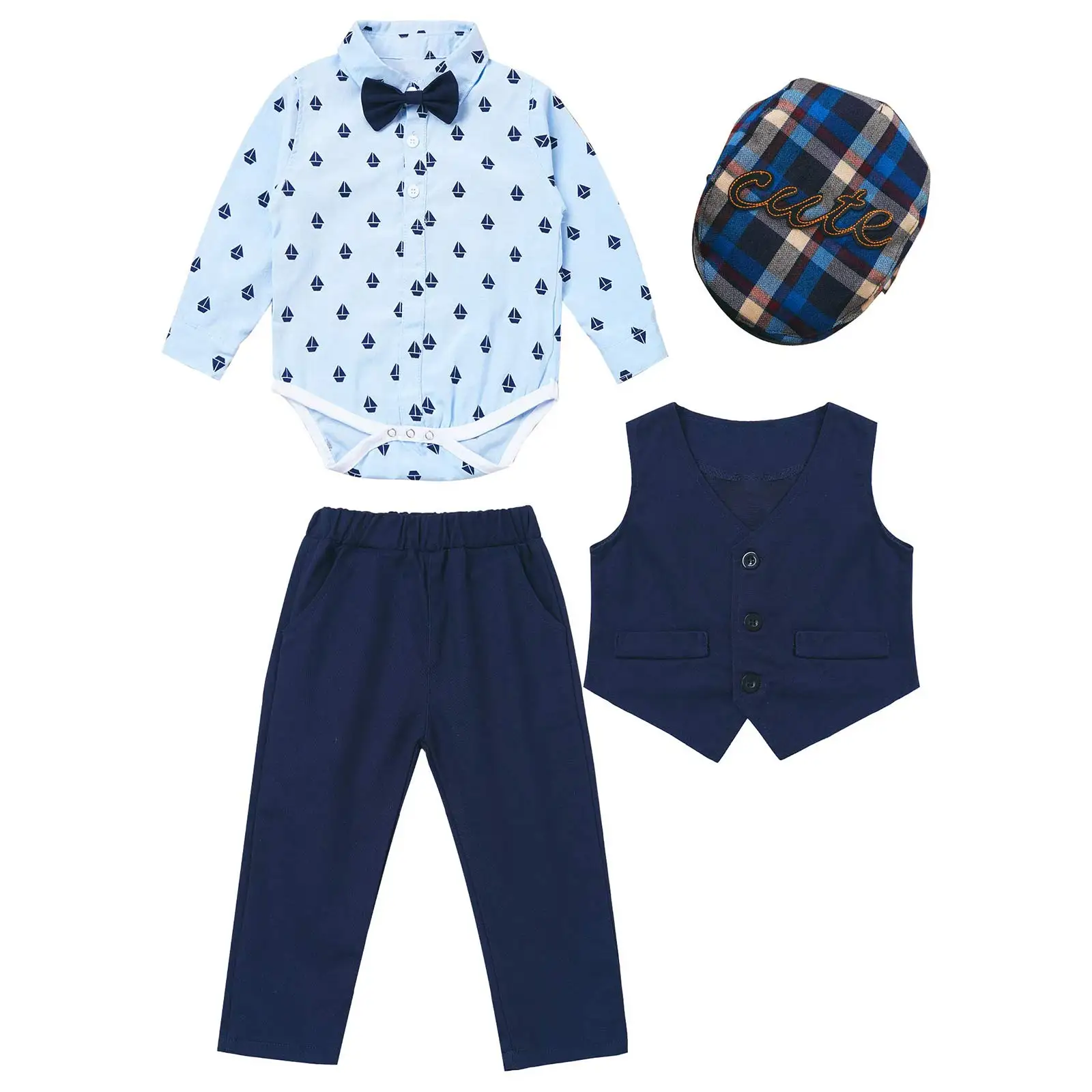 4Pcs Baby Boys Gentleman Birthday Formal Outfit Set Long Sleeve Print Romper with Bow Waistcoat Long Pants and Flat Cap Suit