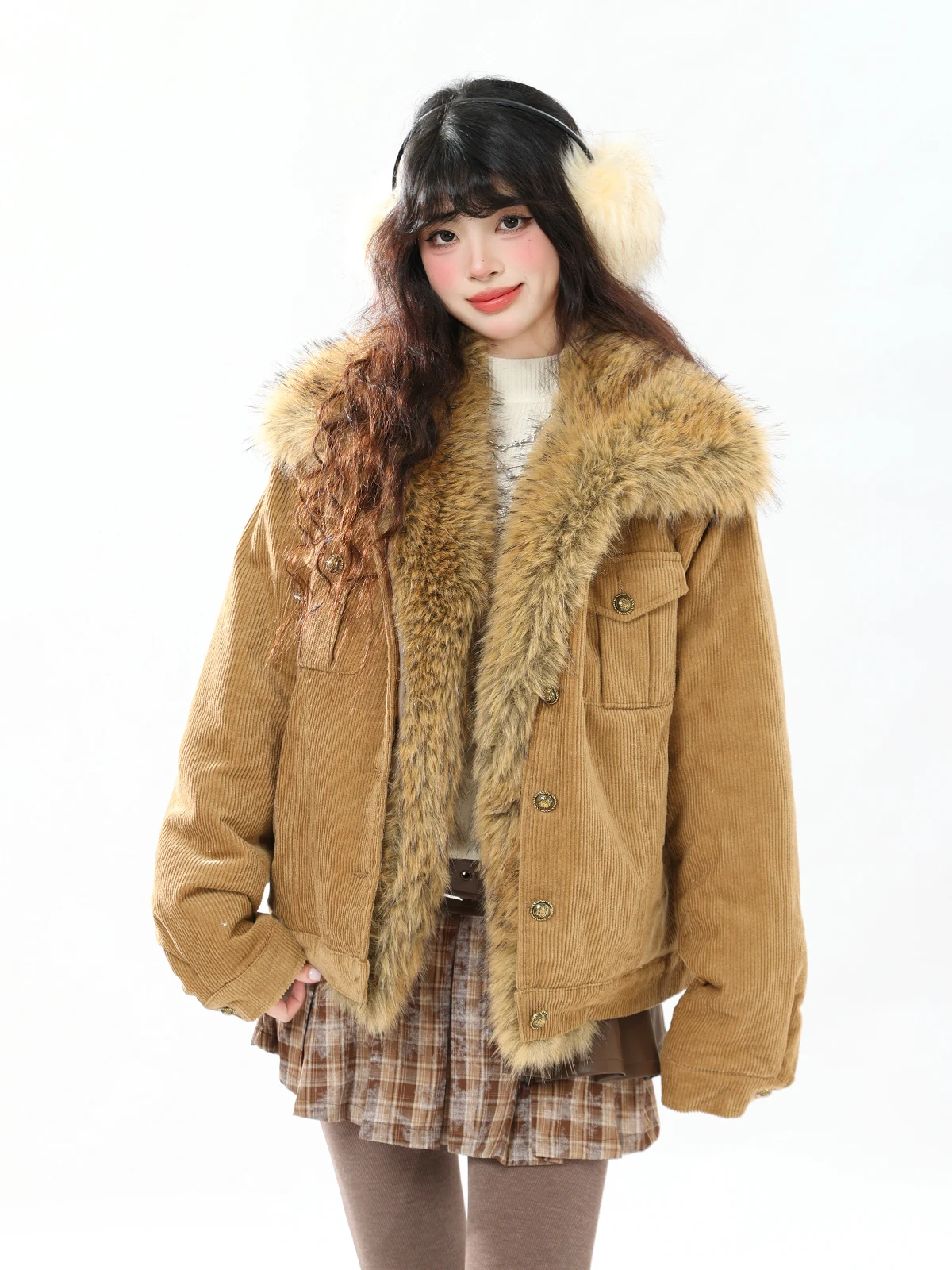 

ENJOG American Retro Corduroy Thiened Cotton Jaet Women's Winter Loose Sle Long Sve Coat without Hood Single Button