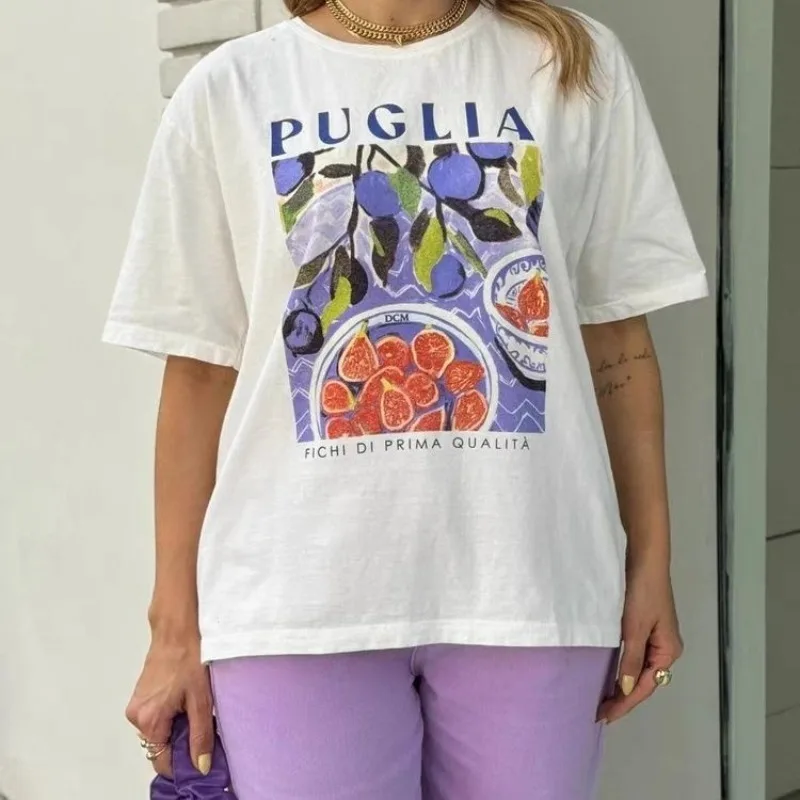 Sweet Puglia Fig Print Graphic T-Shirt for Women, Vintage Italian Fig Art Summer Casual Oversized Tee Fichi Di Prima Qualità Top