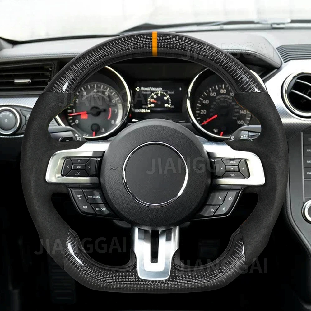 

Руль из настоящего карбона с оранжевой центральной линией и подогревом, подходит для Ford Mustang GT 2018-2023, с отделкой из замши.