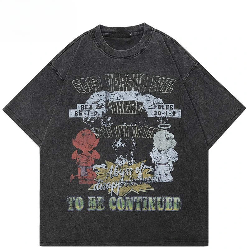 2026 Hip Hop Faded Black T-Shirt Streetwear Vintage Graphic T Shirt Retro Angel Devil Printed Men Tshirt Cotton Casual Tops Tees