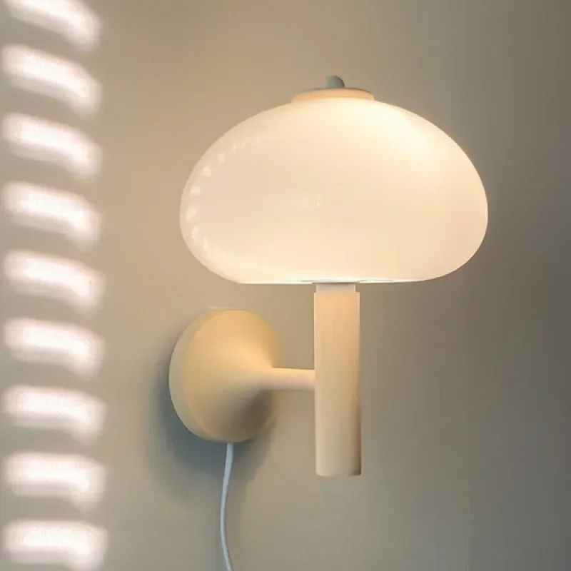 

Modern Bauhaus wall lamp with plug white glass mushroom Nordic retro bedroom LED wall lamp living room attic bedside decoration