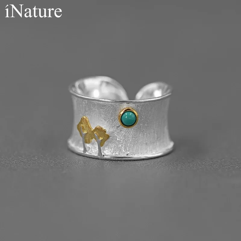 INATURE 925 Sterling Silver Blue Amazonite Tree and Sun Ring Cocktail Rings For Women Fine Jewelry