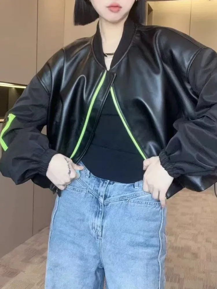 Leisure Style Ladies Solid Color Genuine Leather Jacket Loose Sheepskin Pocket Zipper Long Sleeves Top Quality Outerwear