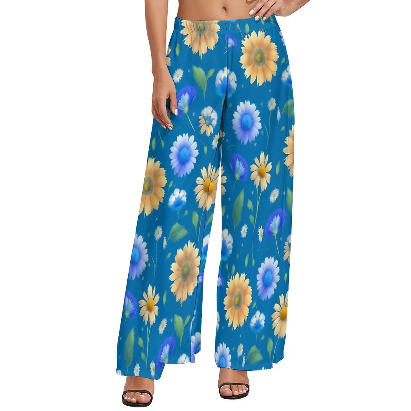 

Retro Flower Pants High Waist Yellow Blue Floral Office Trousers Street Style Graphic Wide Pants