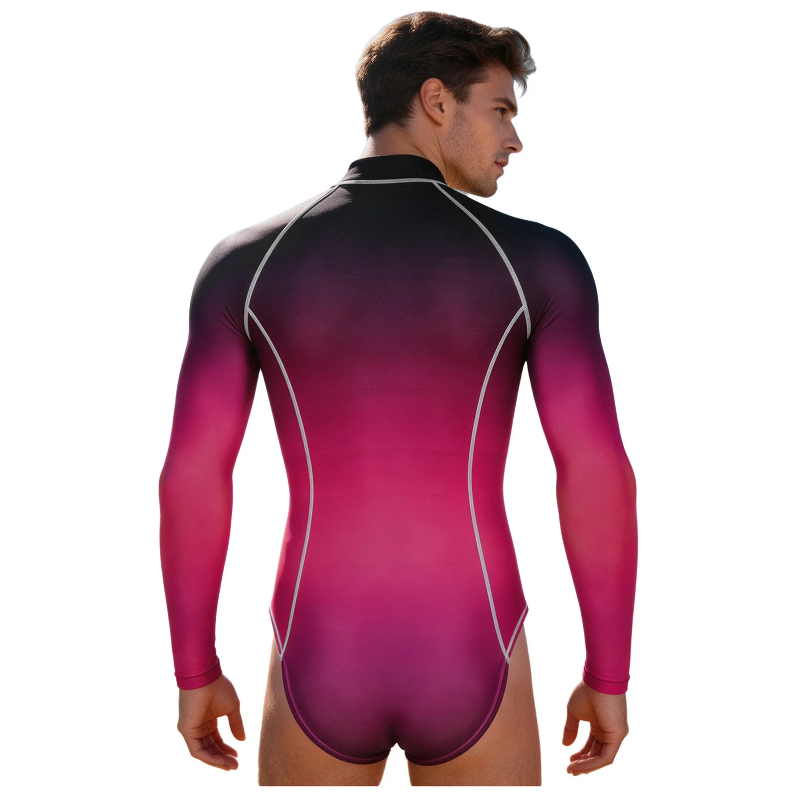 Mens Gradient Swim Bodysuit Long Sleeve Quick-dry Stretchy Swimwear Beachwear Leotard for Open Water Surfing Swimming Training