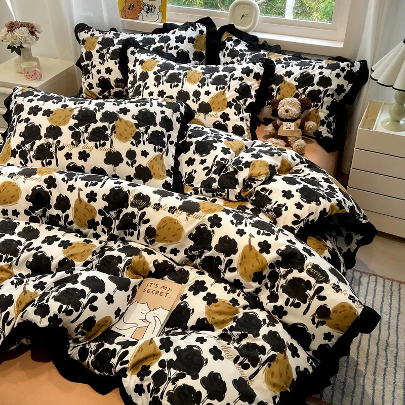 

Hepburn Style Floral Print Bedding Sets Elegant Lace Super Soft Cozy Flat Sheet Set Home Dorm Textile Supplies for All Seasons