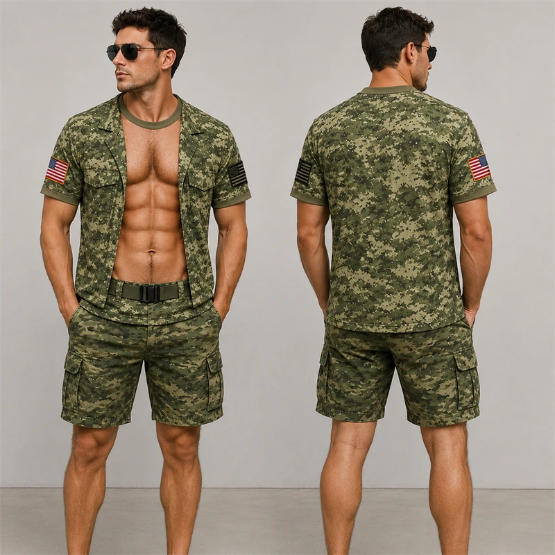 Fashion Camouflage Pattern 3D Print T Shirt For Men Fake Open Shirt Muscle Chest Short Sleeve Tees Tactical Cosplay Casual Tops