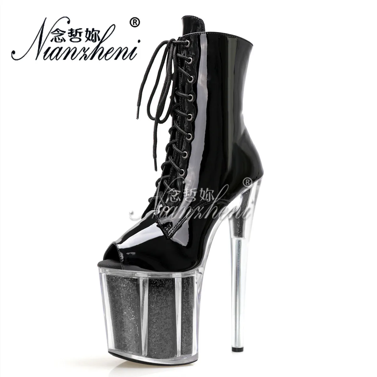 Peep Toe 20cm Black Shiny Surface Ankle Boots 8Inch High Heels Strip Pole Dance Gothic Platform Women's Shoes Sexy Fetish Cross