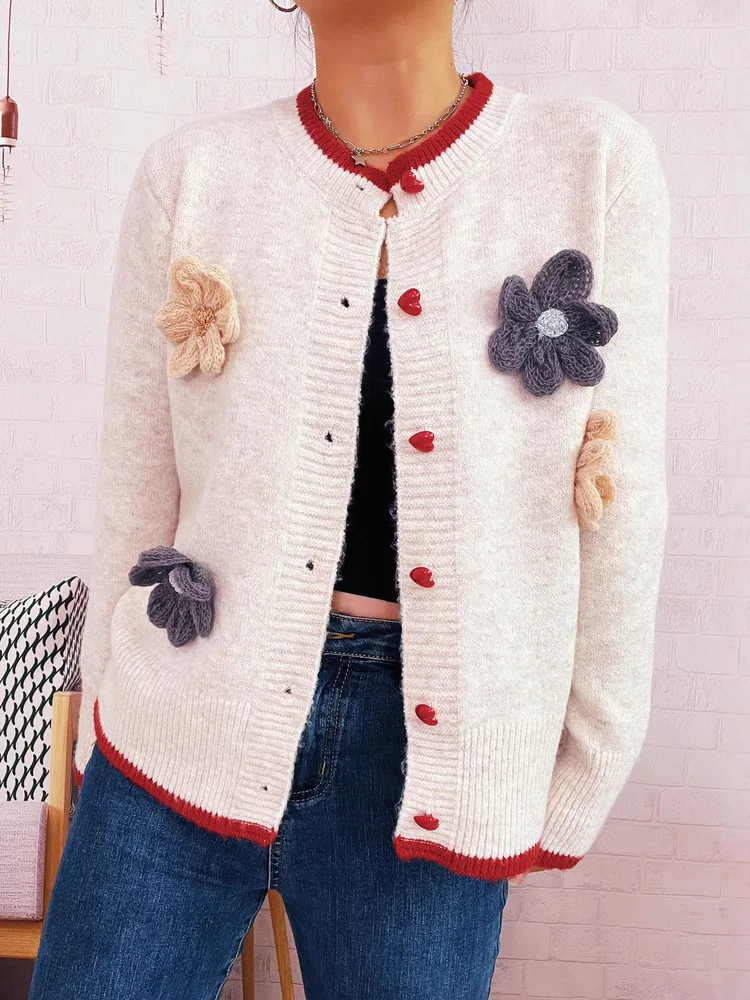 

Women's Three-dimensional Flower Heart Single Breasted Cardidan Female 2025 Autumn Winter Kniited Sweater Jackets