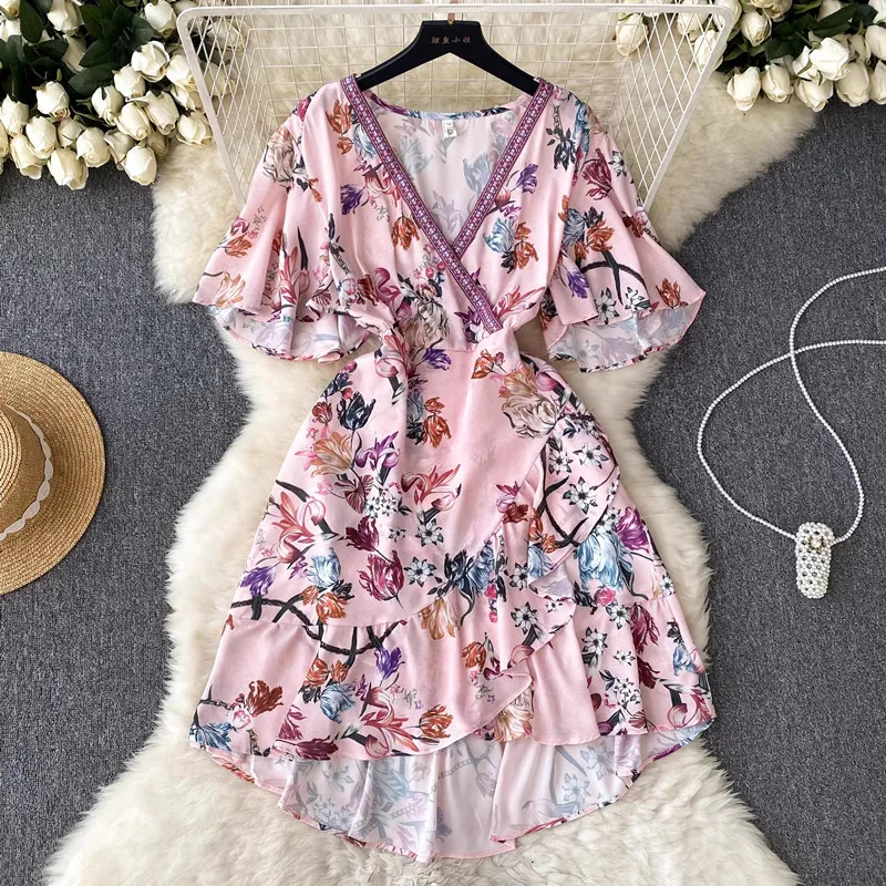 

Vintage V-neck Chiffon Waist Wrapped Short Sleeve Printed Dress Women's Irregular Mid length Dress