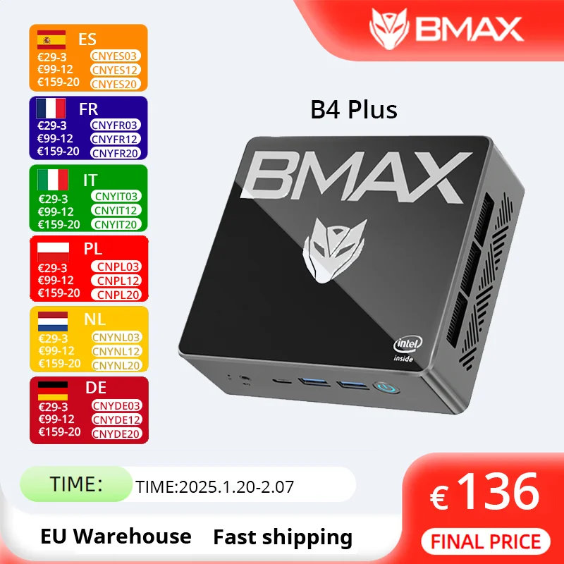 كمبيوتر صغير BMAX B4 Plus يعمل بنظام التشغيل Windows 11 PC Intel N100 16GB DDR4 512GB SSD 2 * HDMI 1 * Type-C يدعم رسومات Intel UHD 4K @ 60 هرتز 750 ميجا هرتز