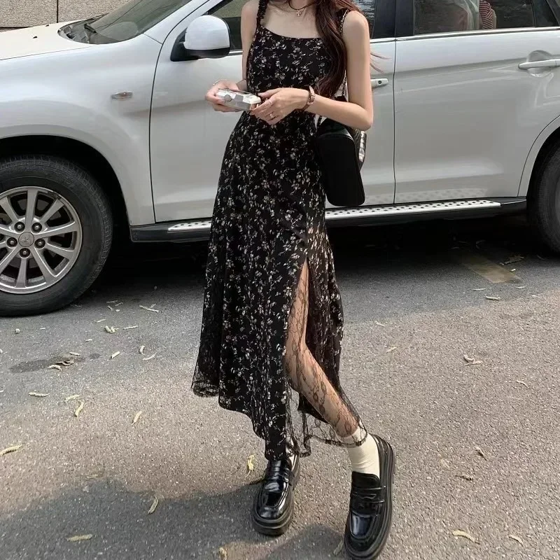

2025 New Spring Summer Vintage Black Floral Dress Women Korean Mesh Irregular Split Slip Long Chiffon Fairy Vestidos Y2k Dresses
