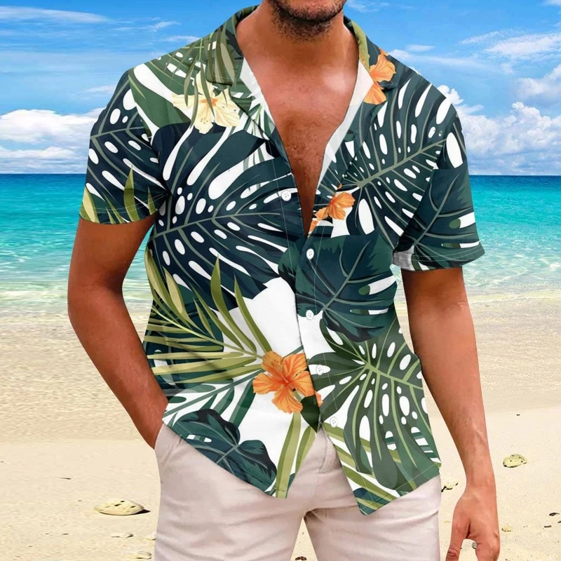 Camisa havaiana de manga curta masculina, camisas de flores de praia, estampadas em 3D, tops de moda masculina, 5XL, 2024