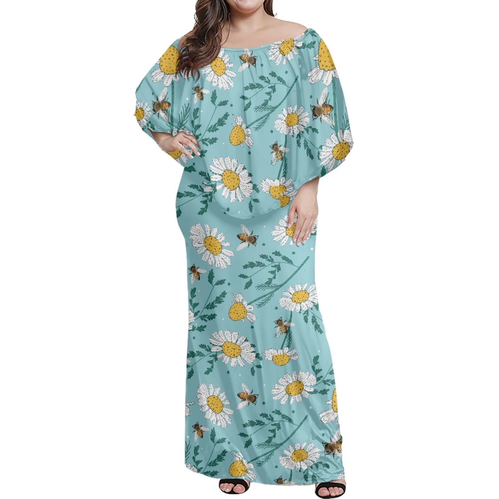 

Polynesian Hawaiian Luxury Design Print Maxi Dress Women's Strapless Stylish Women's Caped Off-The-Shoulder Party Dress