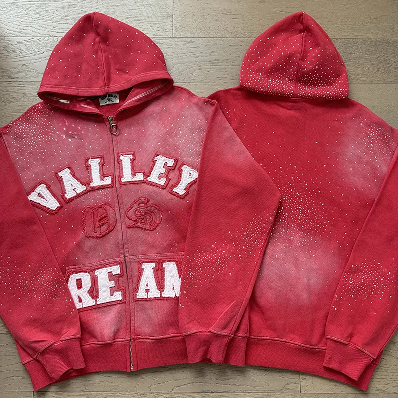 VALE FOREVER Vintage American Style Patch Embroidery Distressed Zip Hoodie Letter Logo Print High Street Casual Hooded Cardigan