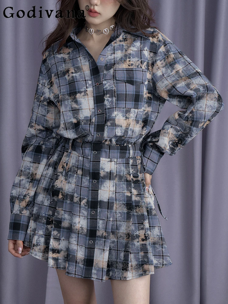 

Sweet Cool Girl Street Leisure Print Turn-down Collar Shirt Dress Autumn Winter Long Sleeve Plaid Personalized Street Dresses
