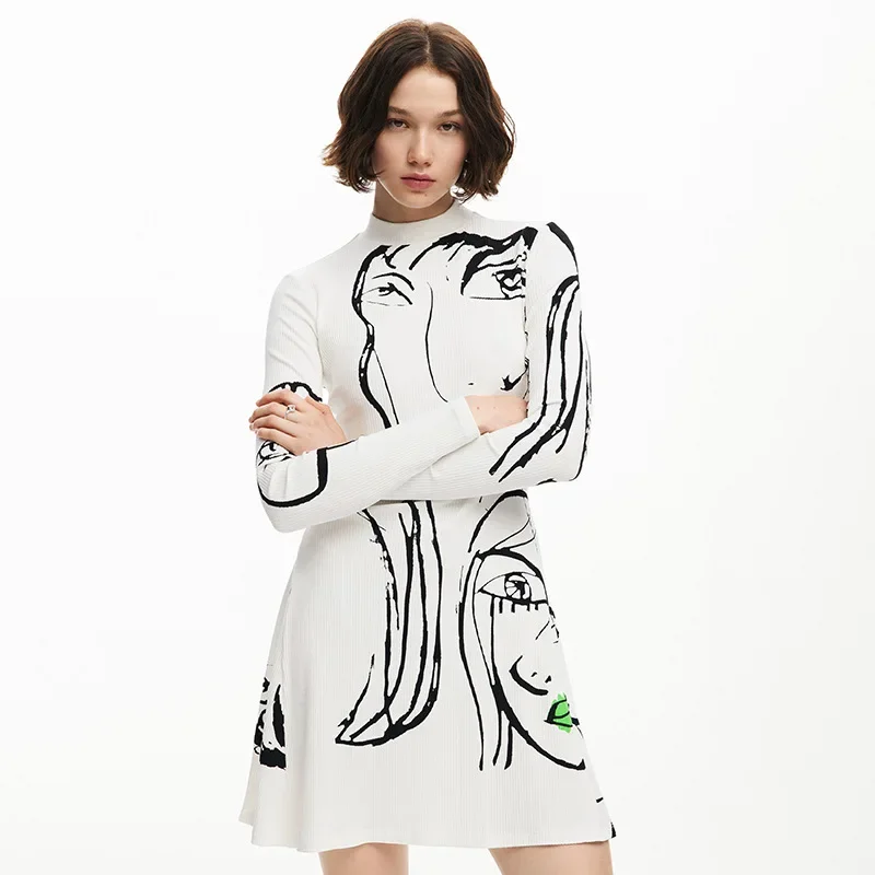 NEONBABIPINK Portrait Line Print White Dress Women Casual Wear Long Sleeve Short Dresses Fashion Fall Clothes 2024 N85-CI28