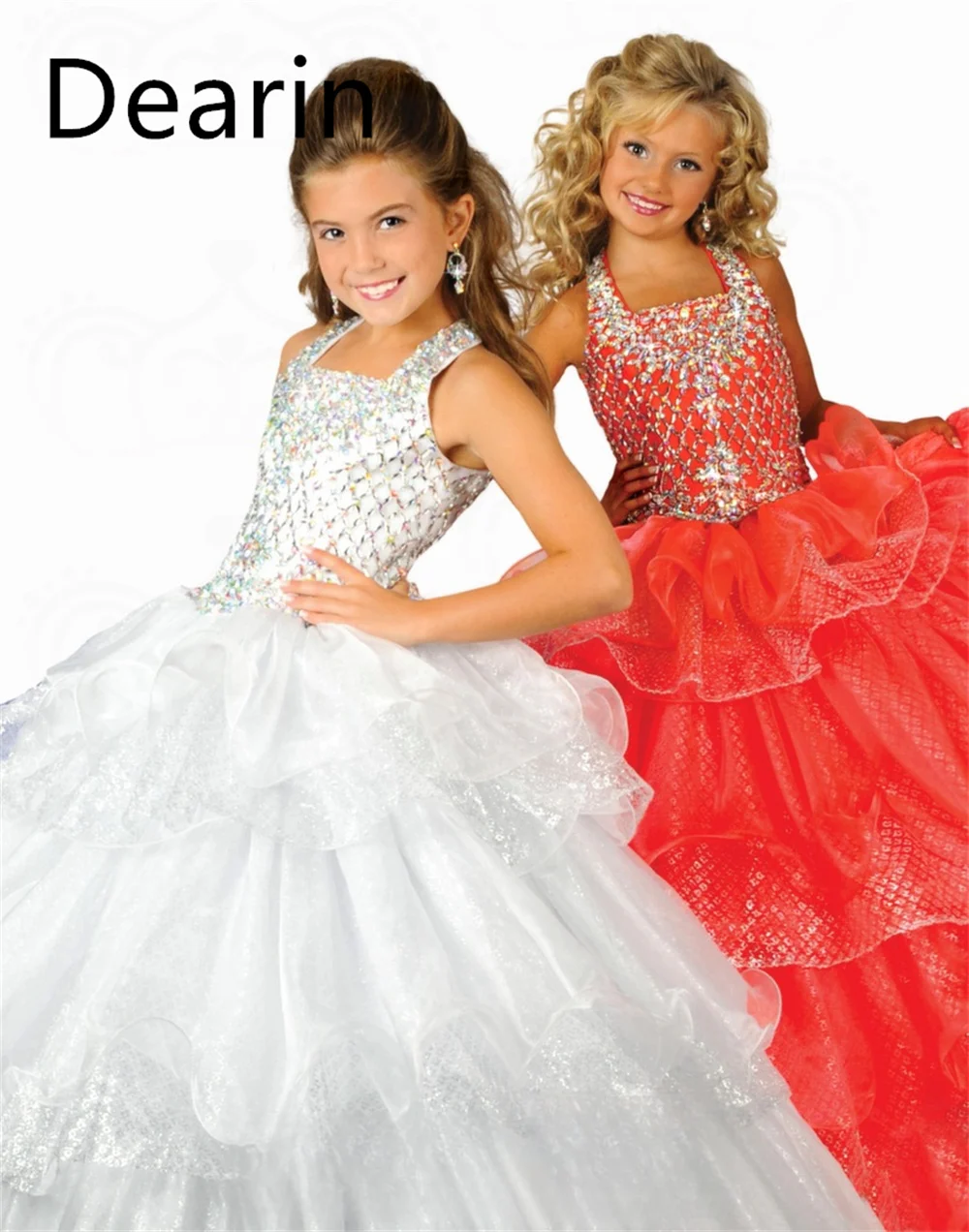 Customized Flower Girl Dress Dearin Shoulder Girdle A-line Floor Length Skirts Sequin Tulle Dresses